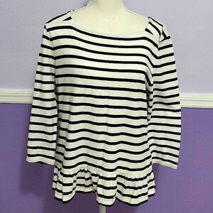 Talbots White & Black Stripes Square Neck Ruffled Pima Cotton Knit Top L